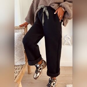 Black Women's Casual Pants with Leopard Drawstring